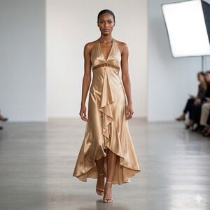 De Laru Dress 3/4 Halter Beaded Satin Babydoll Asym Hoco Prom Formal Y2K